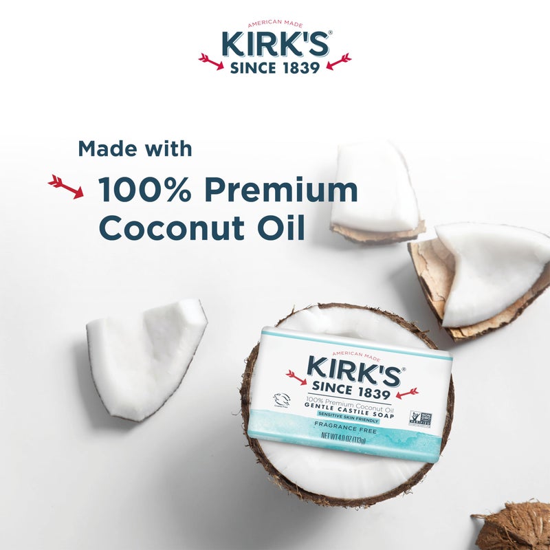Kirk's Castile Bar Soap by Kirkâ€™s | Clean Soap for Men, Women & Children | Premium Coconut Oil | Sensitive Skin Formula, Vegan | Fragrance-Free/Unscented | 4 oz. Bars - 3 Pack - Image 3